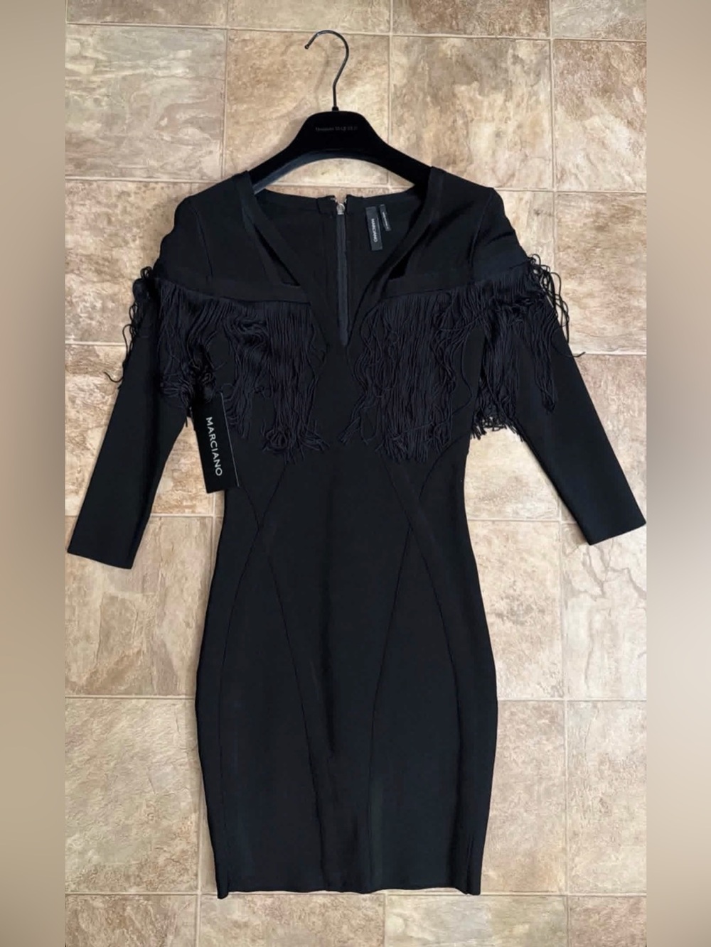 Marciano Black Fringe-Trim Bodycon Mini Dress